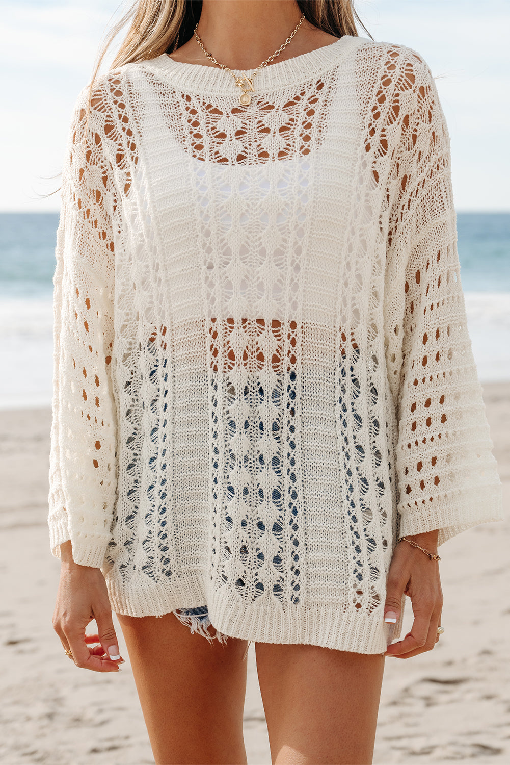 White Hollow Out Knit Sweater