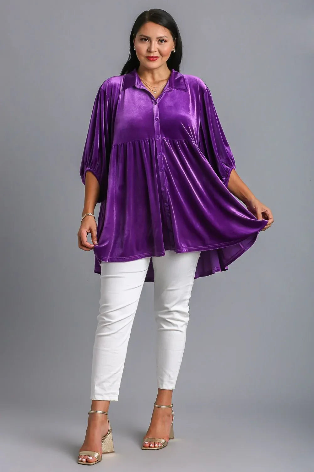 Umgee Full Size Button Down Tiered Back High Low Purple Velvet Shirt Trendsi Button Down Tiered Back High Low Shirt