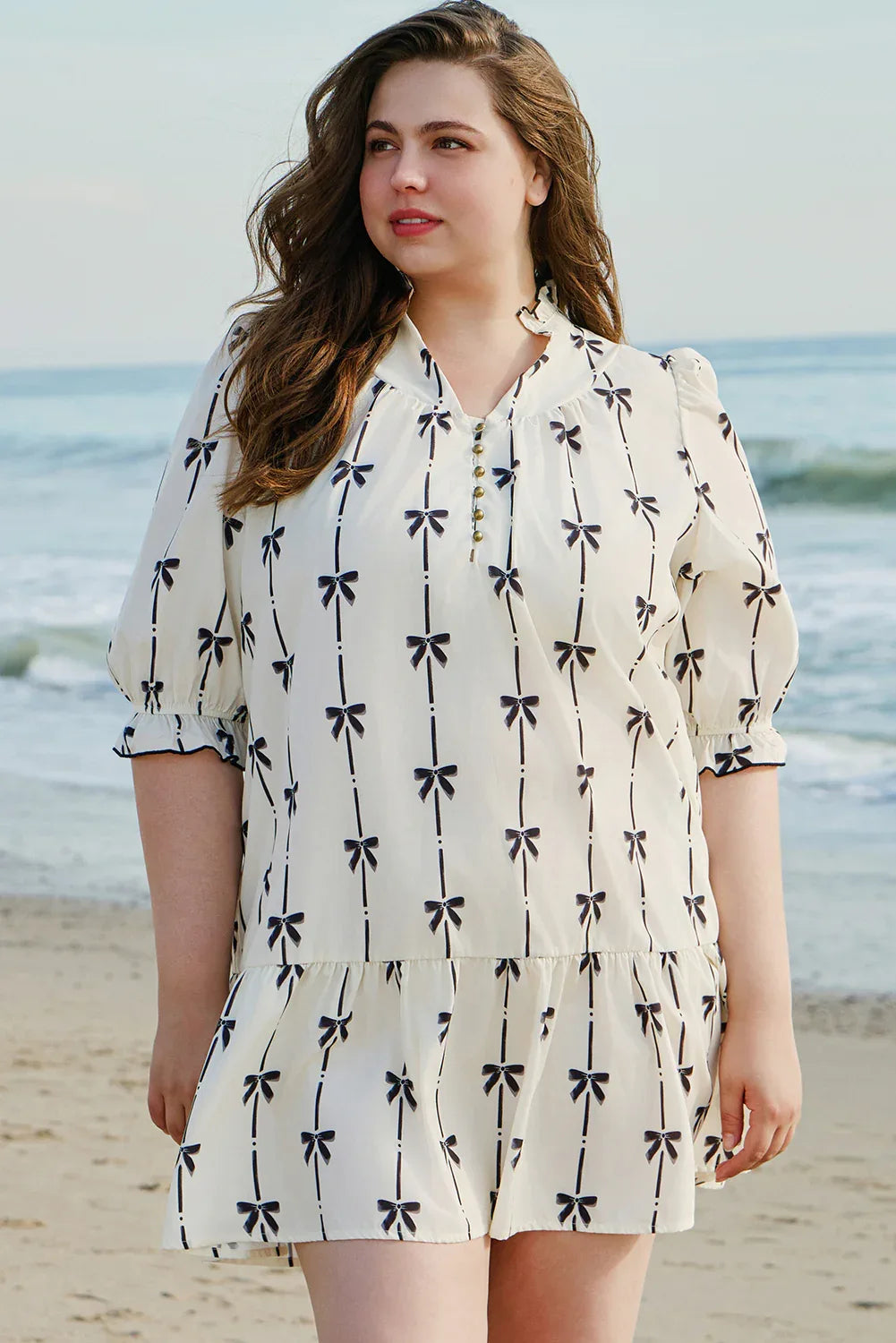 Apricot Bow Printed Puff Sleeve Ruffled Plus Size Mini Dress Dear-Lover Dropshipping Plus Size/Plus Size Dresses/Plus Size Mini Dresses