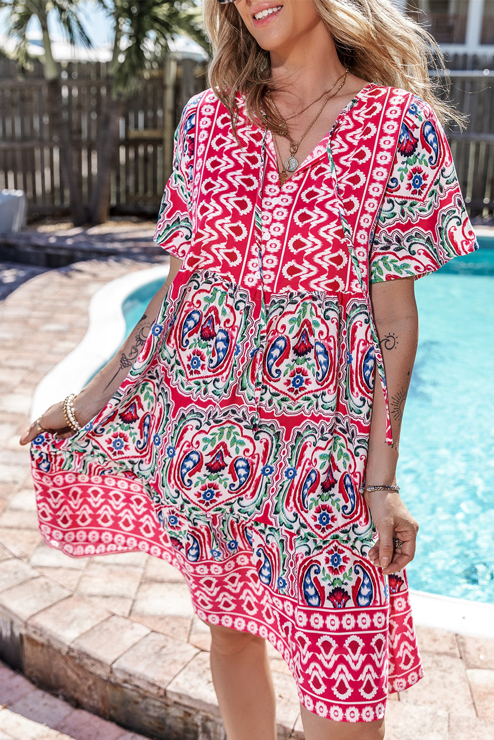 Pink Short Sleeve Bohemian Print Dress