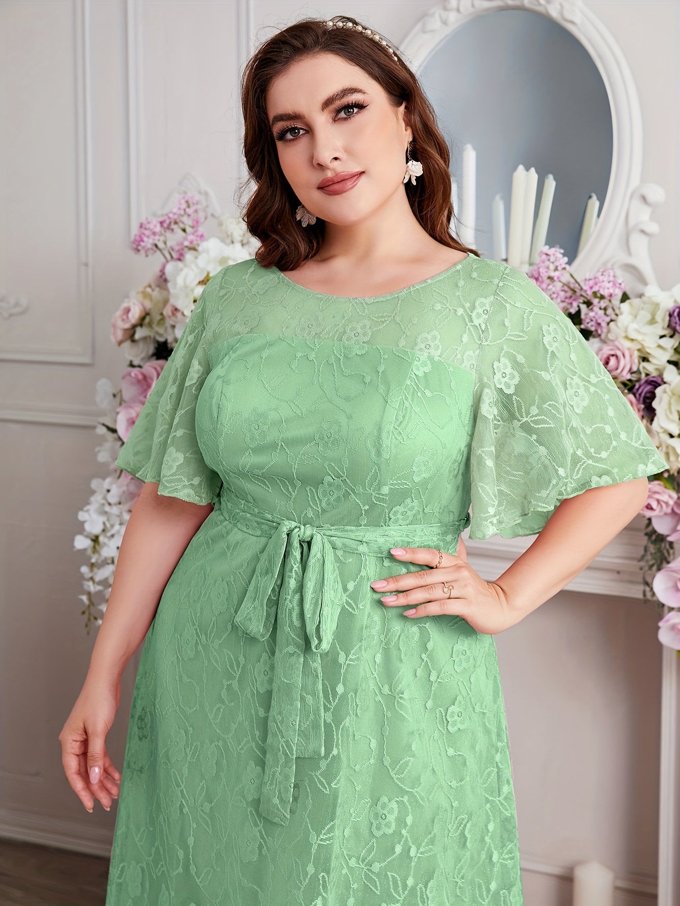 Elegant High Waist Lace Round Neck Half Flutter Sleeve Solid Color Formal Floor Length Dress