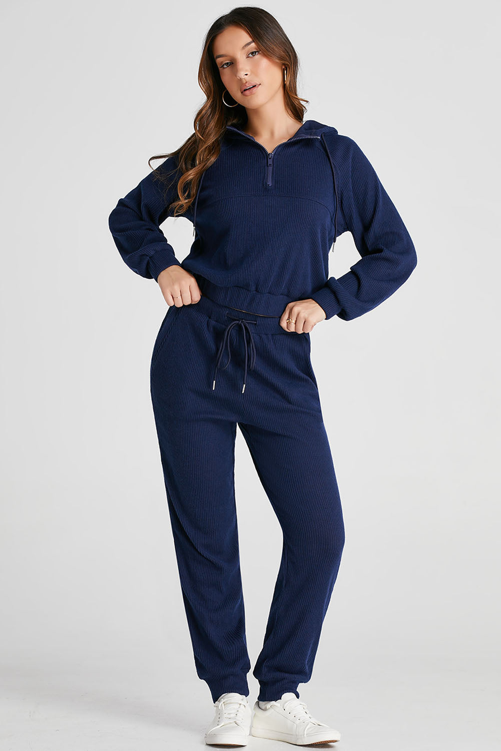 Navy Ribbed Knit Cropped Hoodie Joggers Set