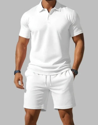 White Polo Shirt And Matching Drawstring Shorts Set