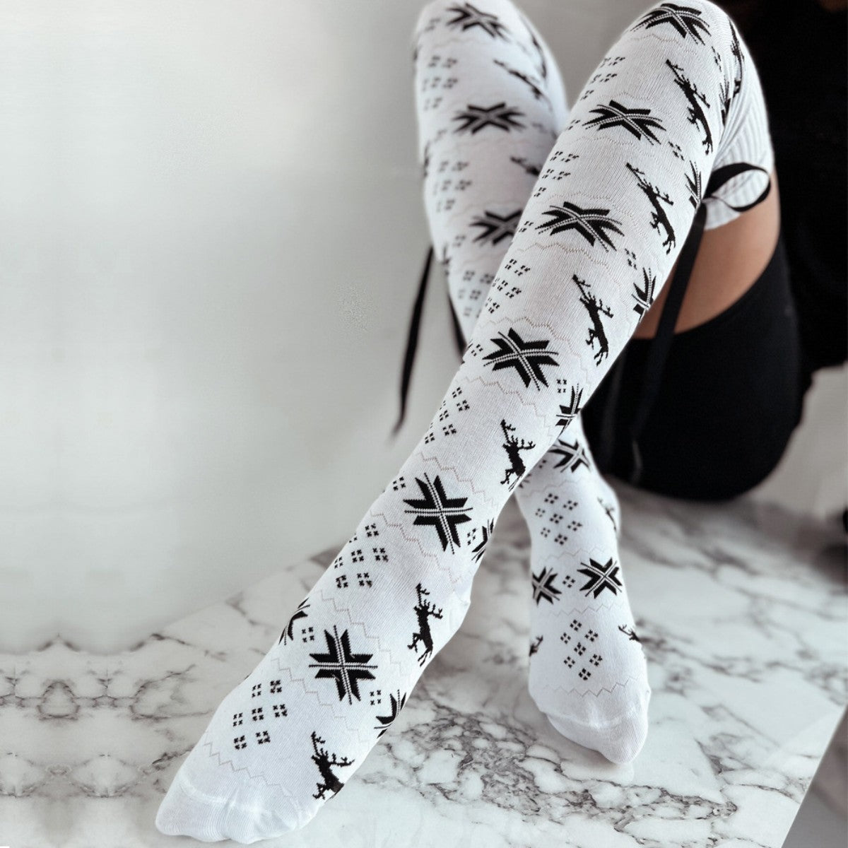 Bowknot Ribbed Trim Over Knee Stockings