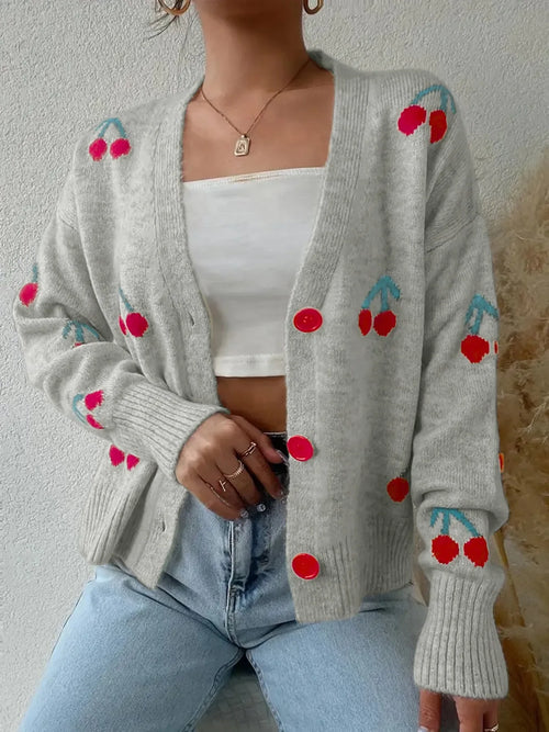 Cherry Button-Up Knit Cardigan Gray Trendsi Cardigan
