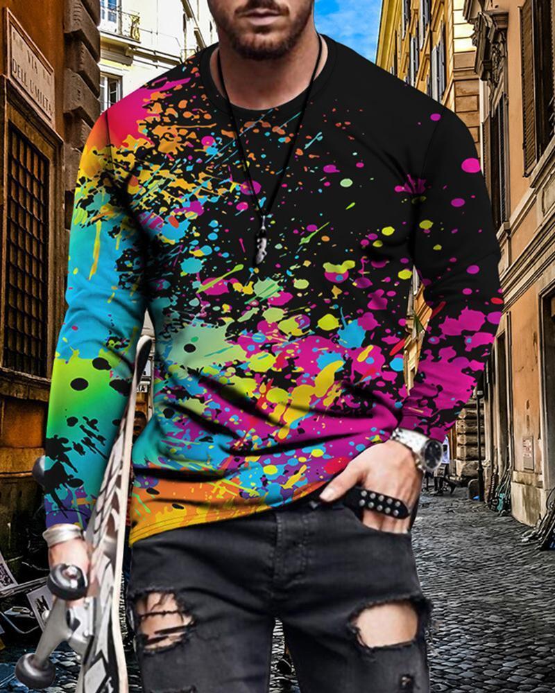 Men’s Geometric Print Long Sleeve T-Shirt – Slim Fit Casual Crew Neck Tee | Modern Graphic Shirts 4Color CJ Dropshipping Abstract Long Sleeve Tee