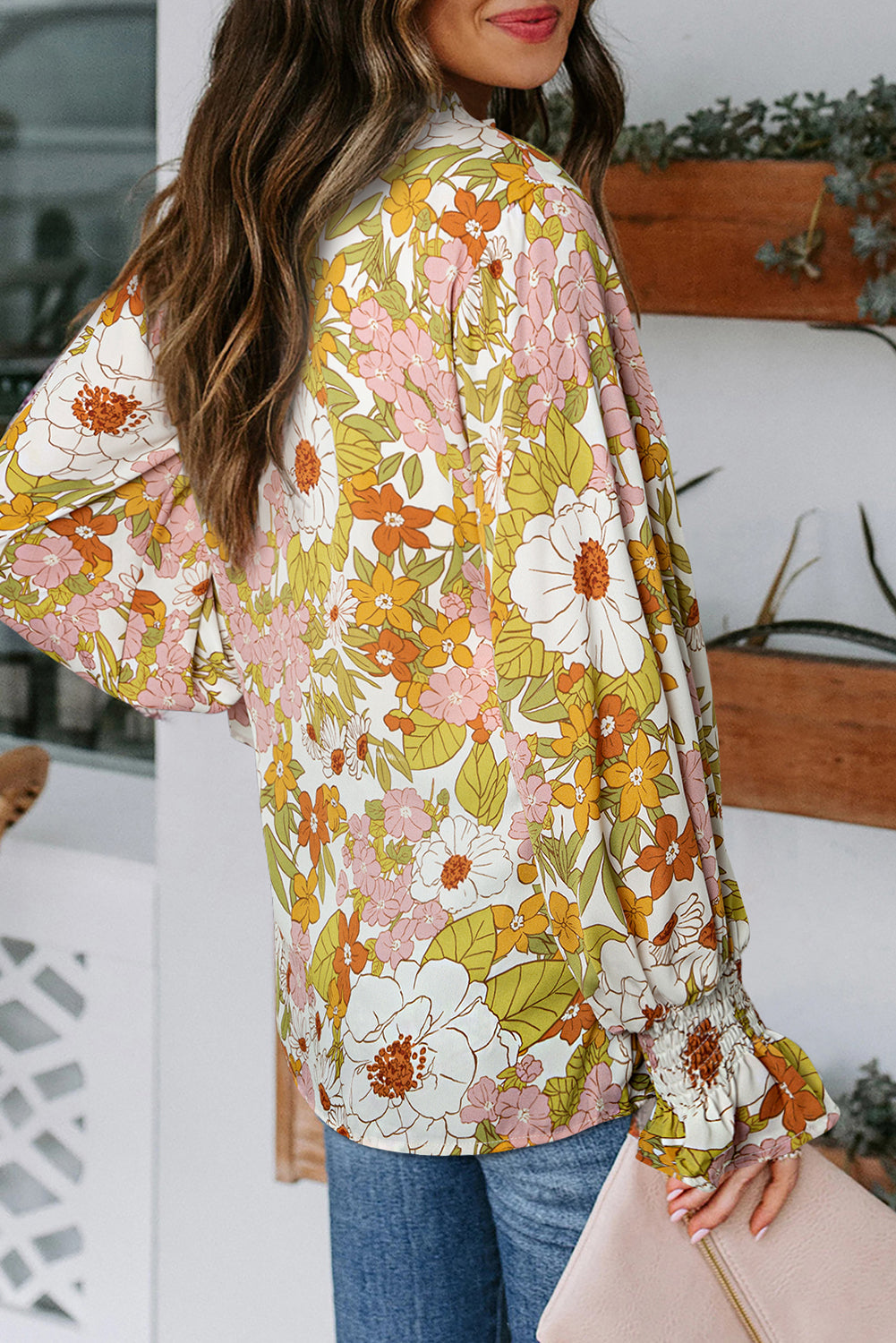 Floral V-Neck Blouse with Long Balloon Sleeves
