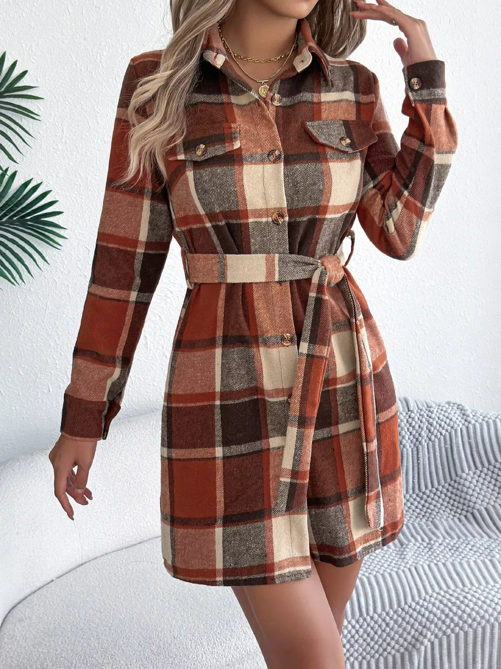Plaid Button Front Tie Waist Mini Shirt Dress Bazaare Mart Plaid Long Sleeve Shirt Dress