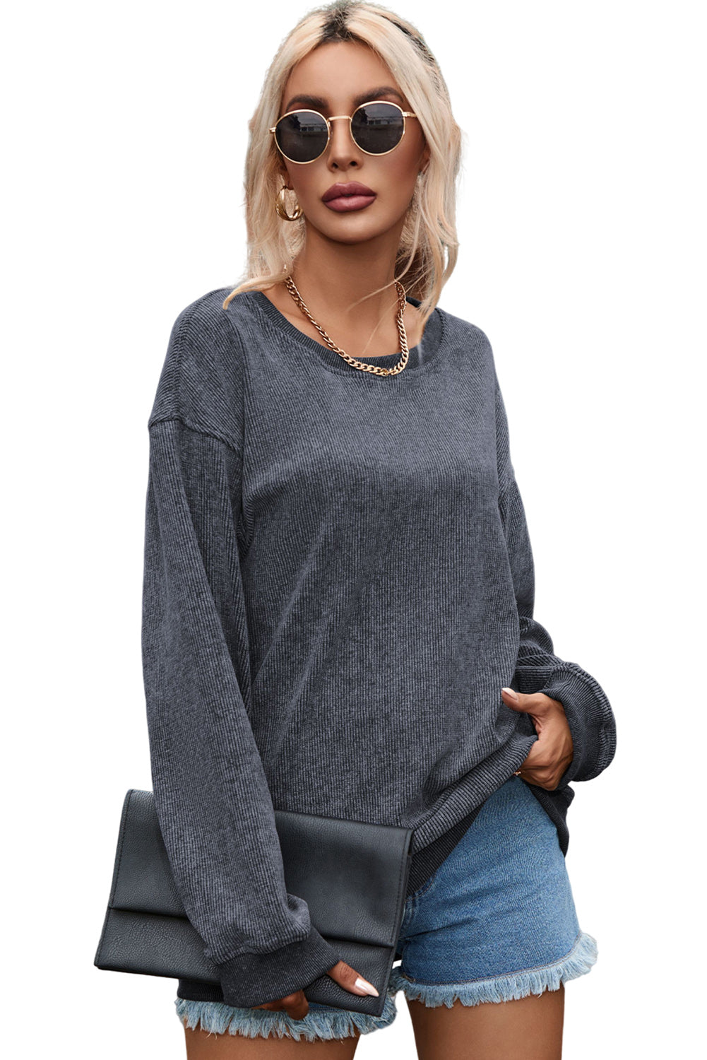 Plain Corded Crew Neck Sweatshirt