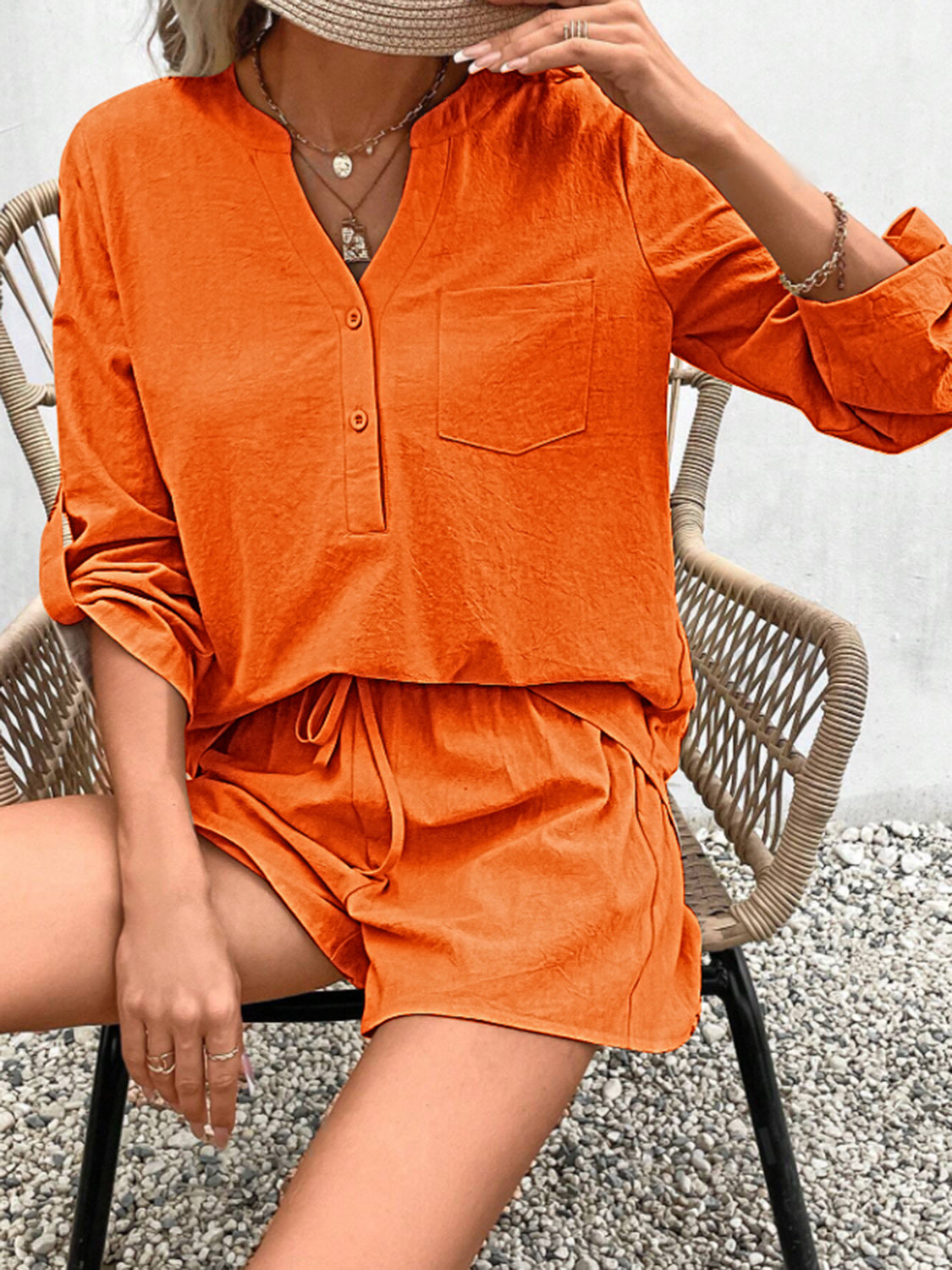 Rolled Long Sleeve Top and Drawstring Shorts Set