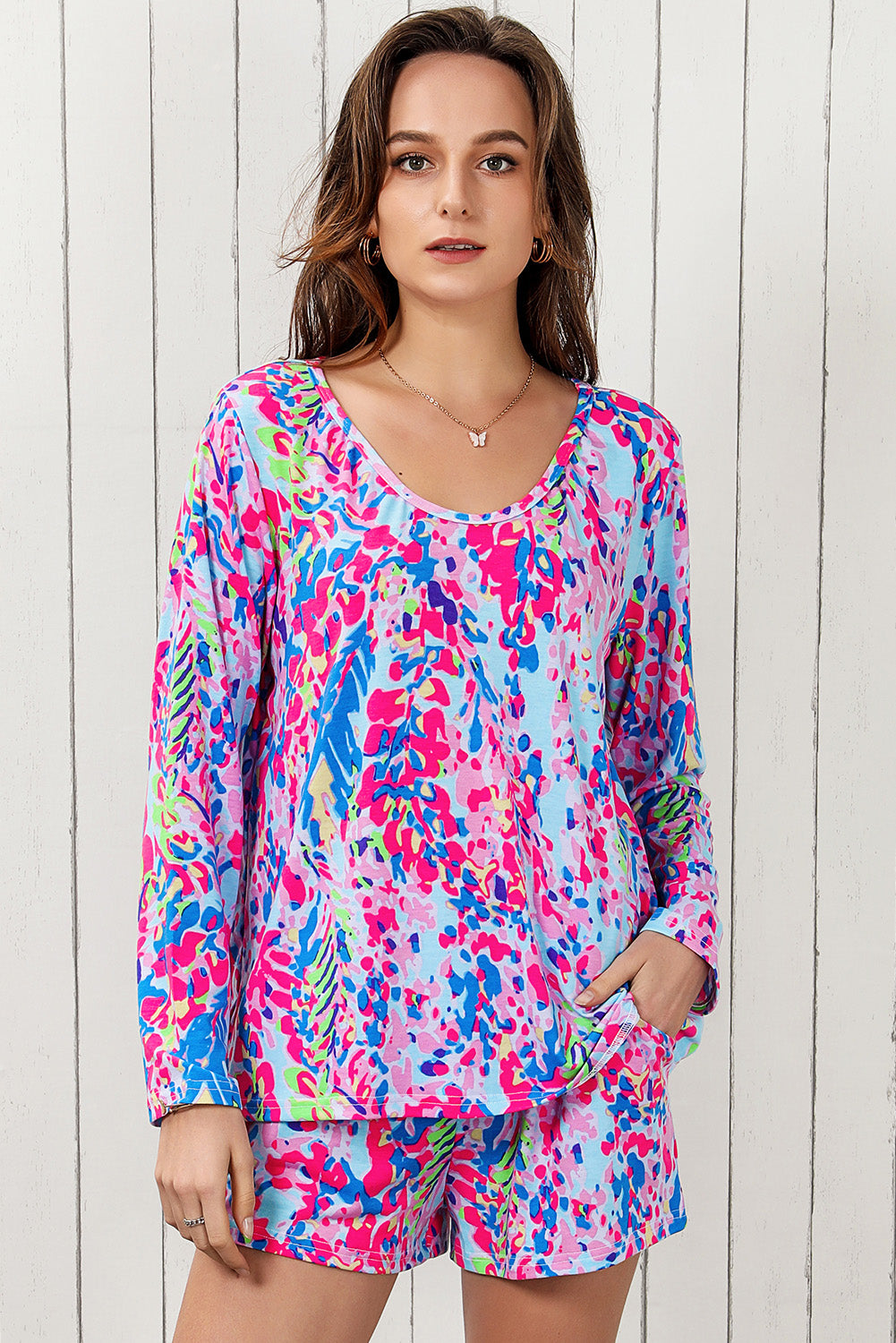 Multicolor Printed 3/4 Sleeve Split Neck Plus Size Tunic Top