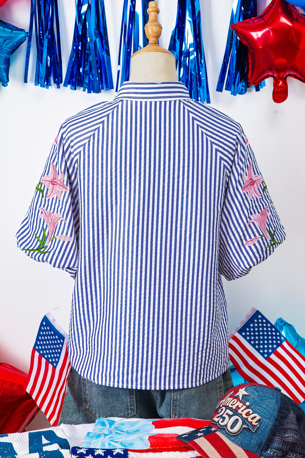 Sky Blue Stripe Embroidered Puff Sleeve Shirt – Lily Floral Button Down Blouse Dear-Lover Dropshipping Tops/Blouses & Shirts