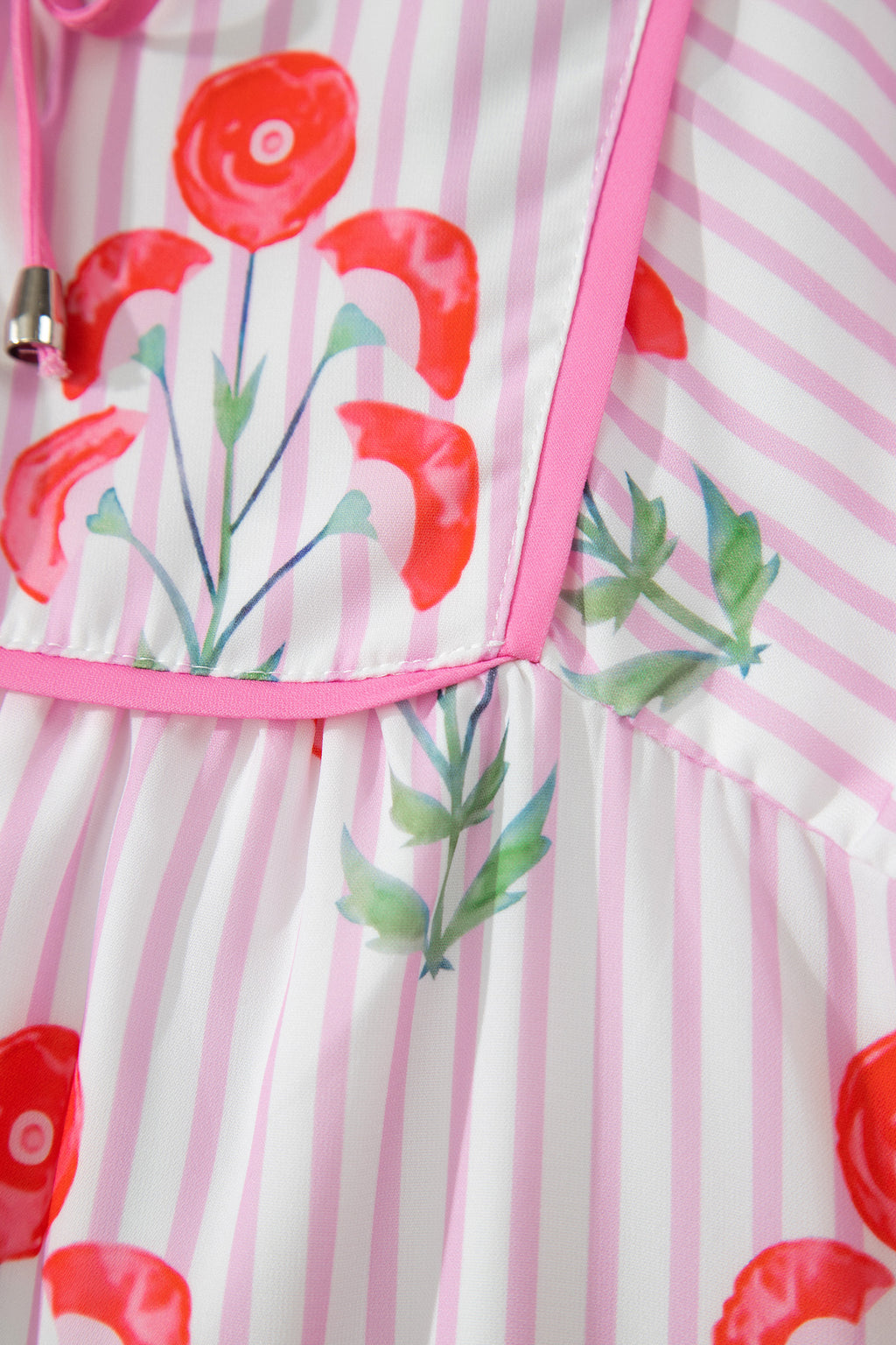 Pink Floral Striped Print Tie Notched Neck Puff Sleeve Flared Mini Dress Dear-Lover Dropshipping Dresses/Floral Dresses
