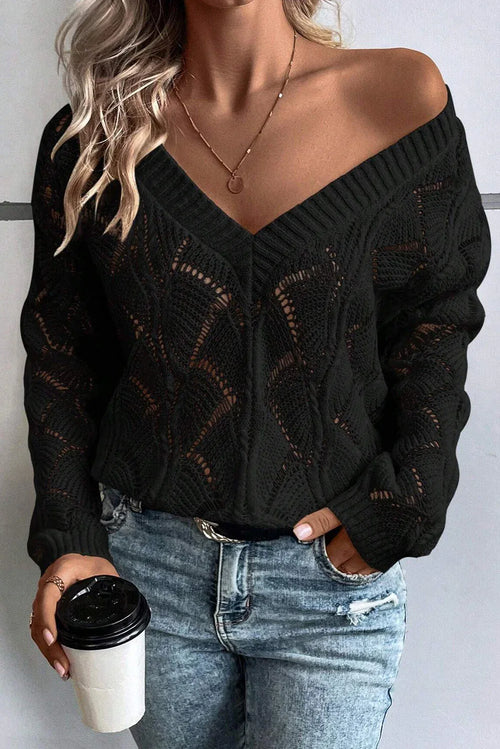 Black Hollow Out Knit V Neck Drop Shoulder Sweater Black 48%Acrylic+42%Polyamide+10%Wool Bazaare Mart Sweaters & Cardigans/Sweaters