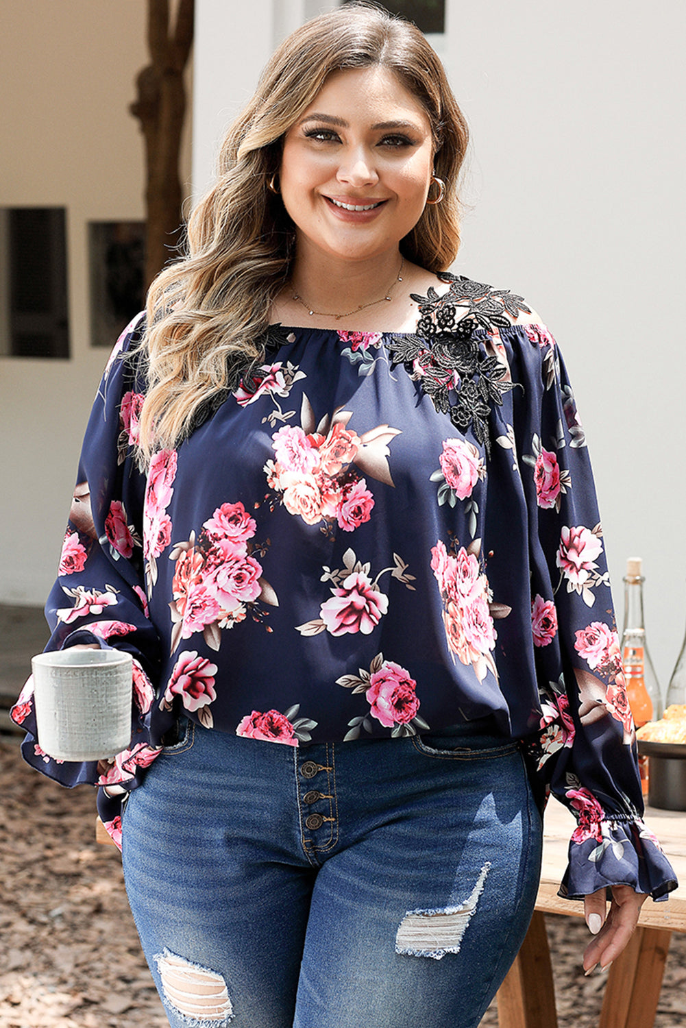 Navy Cold Shoulder Long Sleeve Floral Blouse