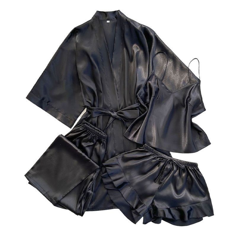 Silky 4-Piece Pajama Set for Women – Satin Cami, Robe, Shorts & Pants Sleepwear Set CJ Dropshipping Four-piece PJ Set