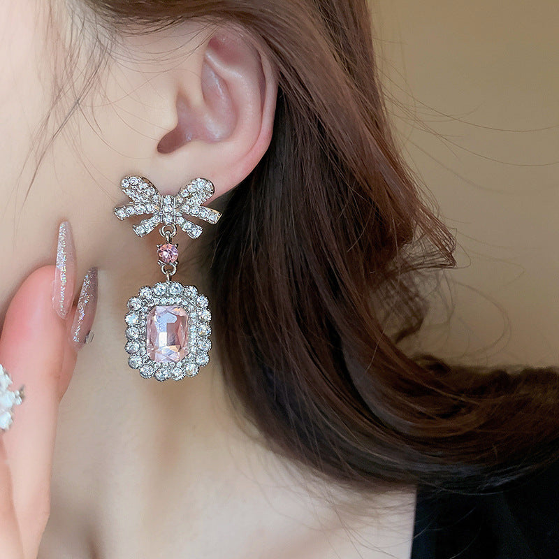Pink Crystal Emerald Cut Dangle Bow Earrings