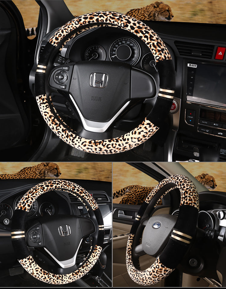 Winter Plush Leopard and Leather Steering Wheel Covers