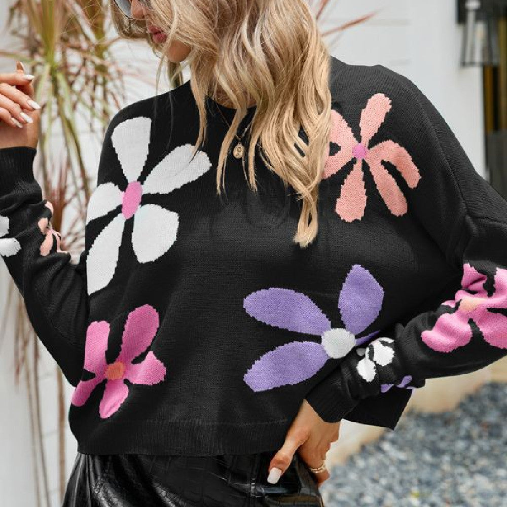 Black Giant Pastel Flower Pull Over Sweater