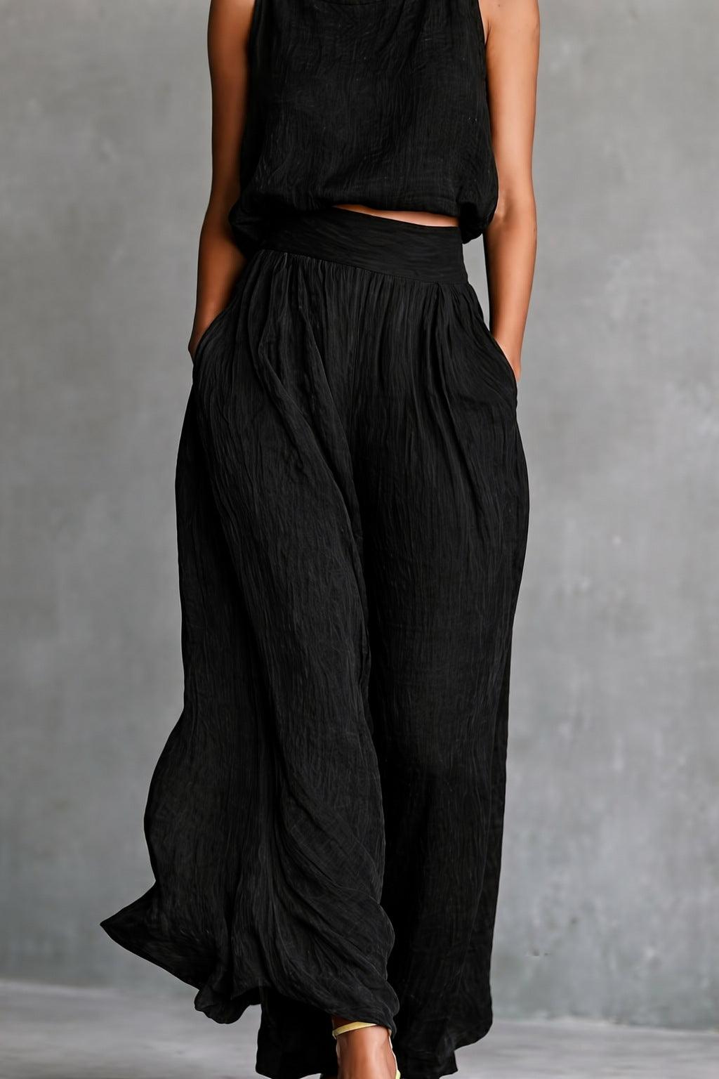 Solid Color Tank Top And Wide-Leg Pants Set Black CJ Dropshipping Sleeveless Top and Pants Set