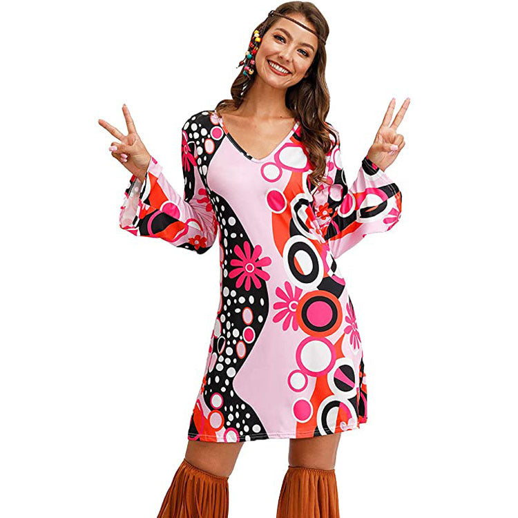 Retro ’70s Hippie Print A-Line Mini Dress Pink CJ Dropshipping Long Sleeve Hippie Dress