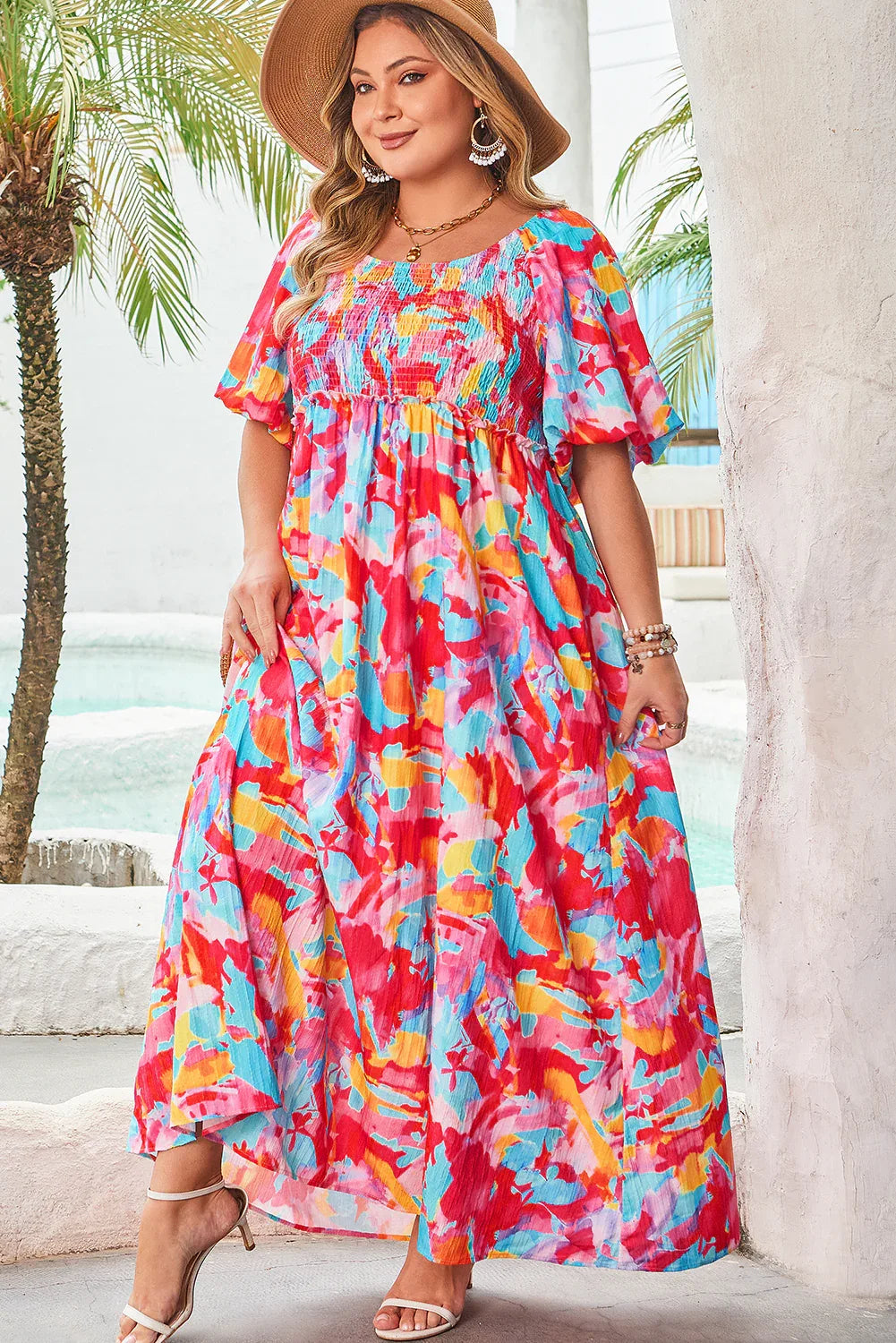 Rose Abstract Printed Puff Sleeve Square Neck Smocked Bust Tied Back Plus Size Dress Dear-Lover Dropshipping Plus Size/Plus Size Dresses/Plus Size Maxi Dresses