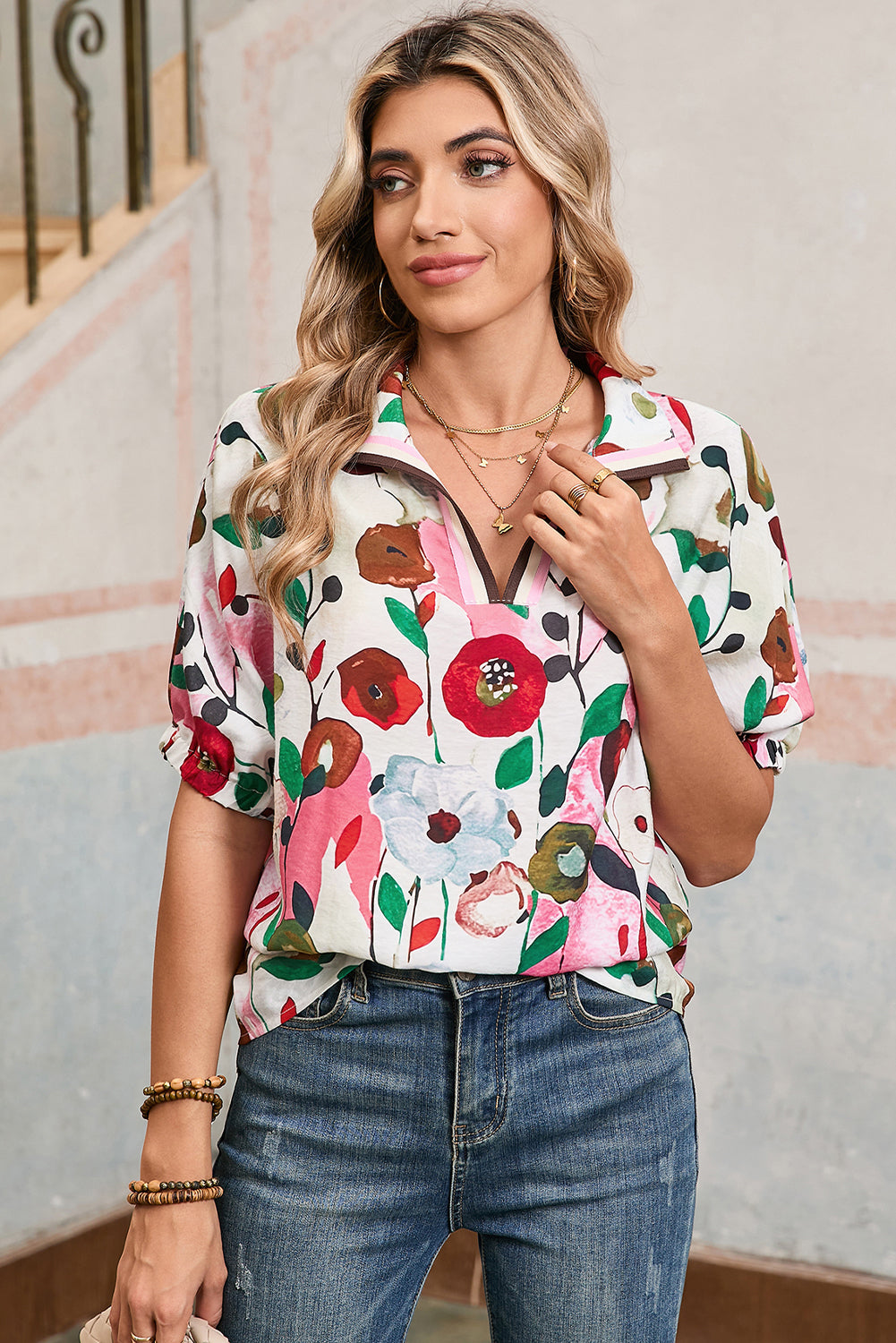 Colorful Floral Print Boho Pop of Color Neckline Blouse Shewin Blouses