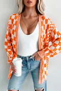 Orange Checkered Open Front Drop Shoulder Cardigan Orange 55%Acrylic+45%Cotton Shewin Cardigans