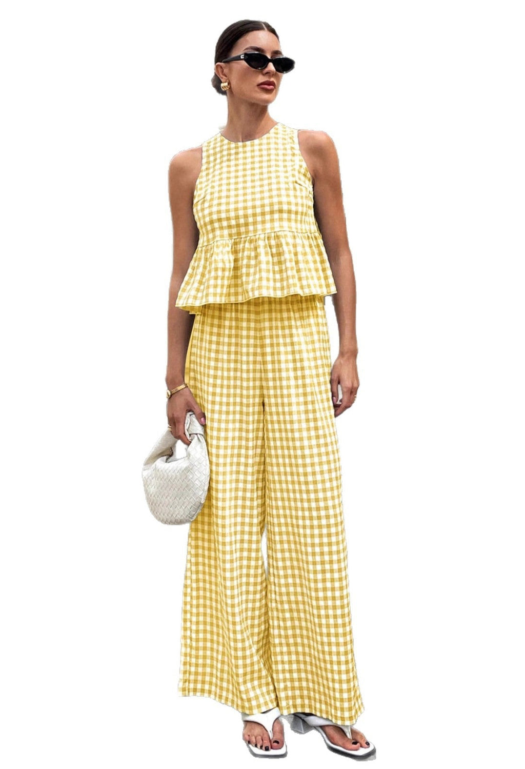 Retro Plaid Sleeveless Top With Ruffled Hem And Straight-leg Pants CJ Dropshipping Retro Plaid Sleeveless Pants Set