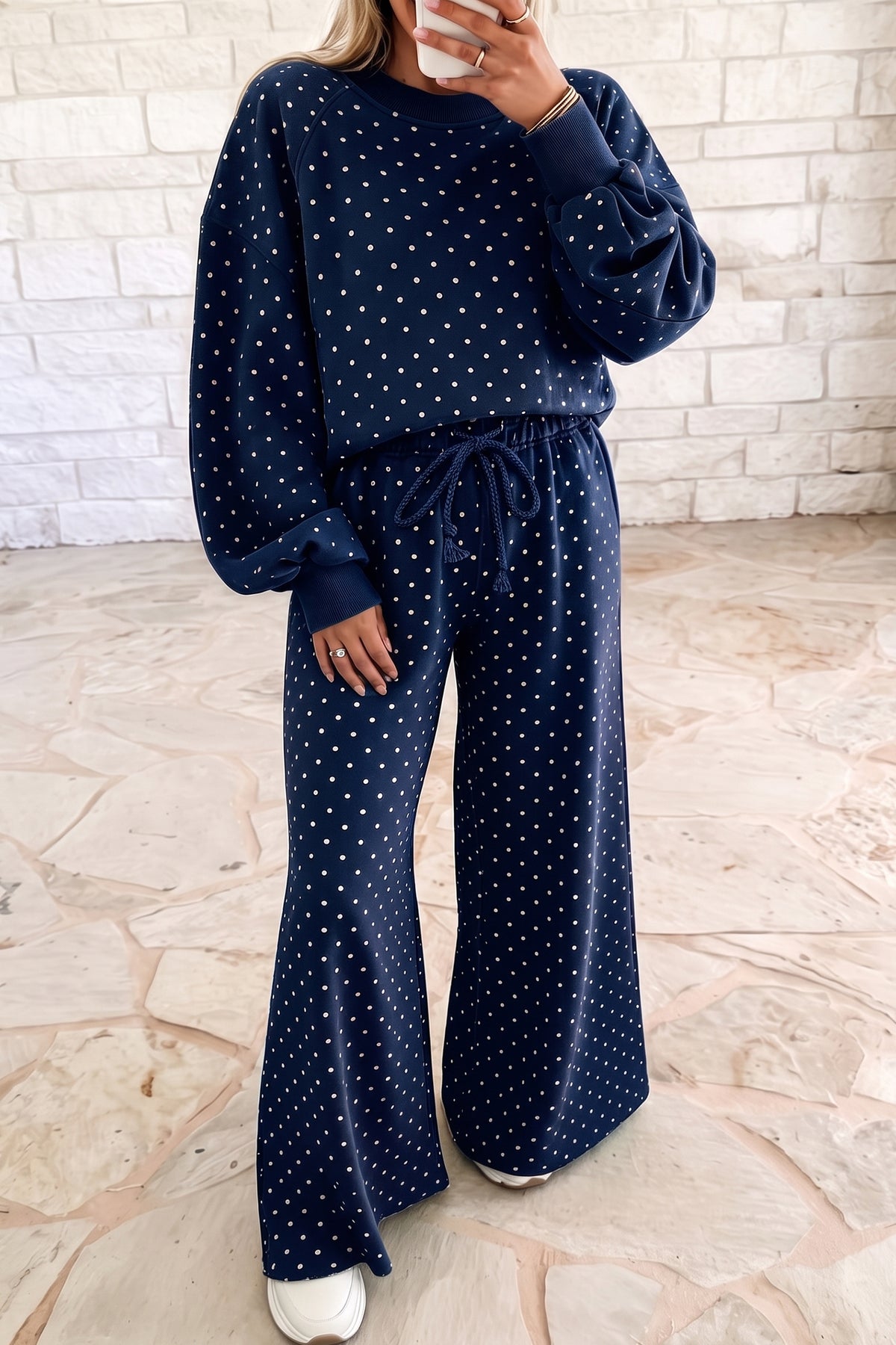 Polka Dot Drawstring Wide-Leg Top & Pants Set