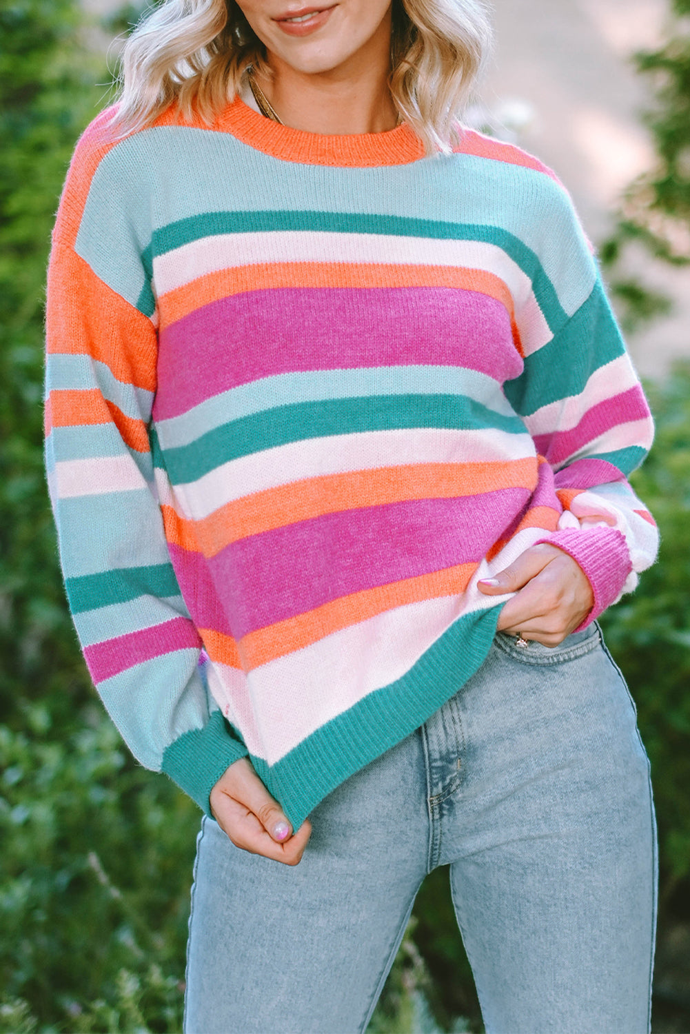 Multicolor Striped Knit Drop Shoulder Puff Sleeve Sweater