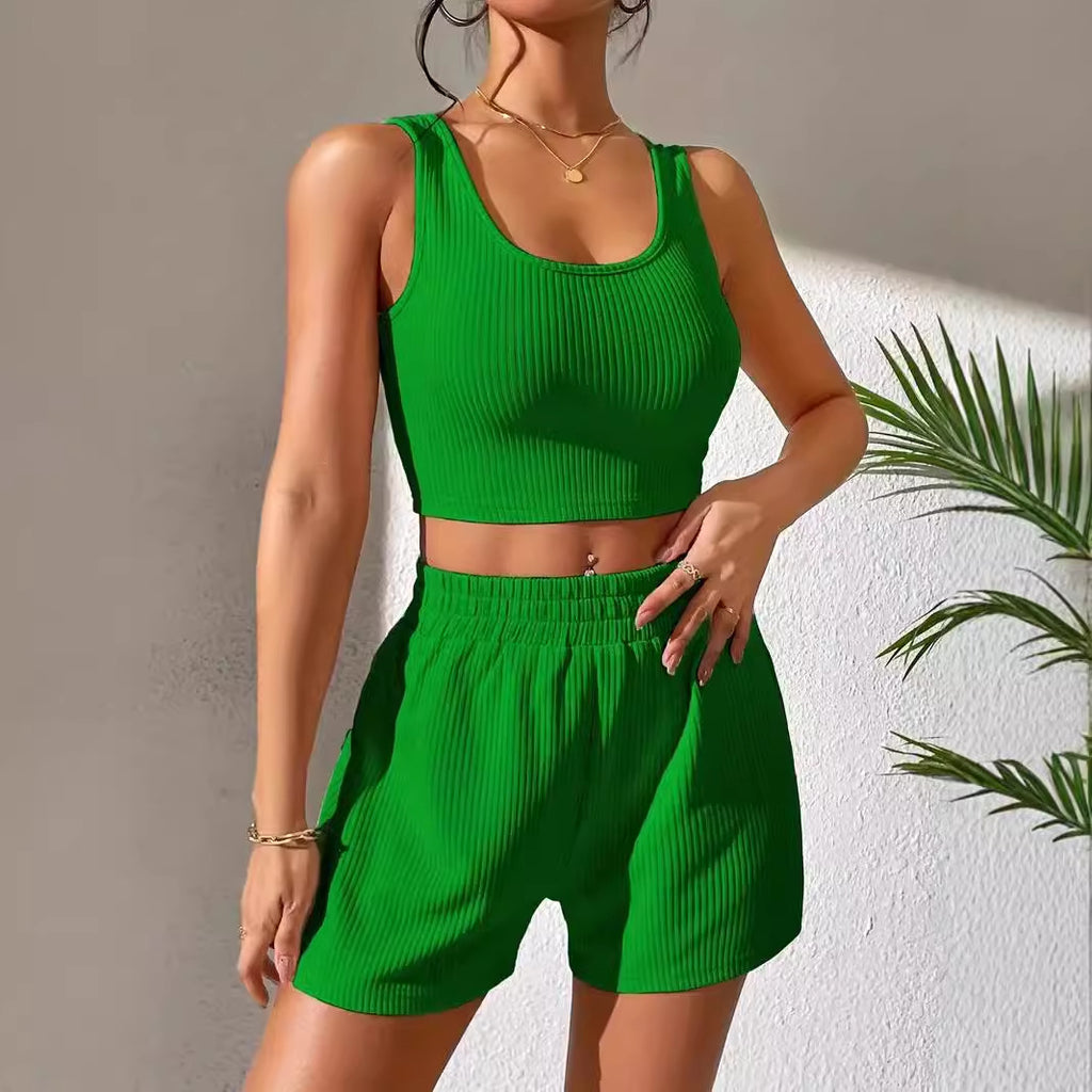 Casual Ribbed Solid Color Aerobics Set CJ Dropshipping Solid Color Workout Shorts Set