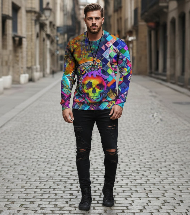 Men’s Geometric Print Long Sleeve T-Shirt – Slim Fit Casual Crew Neck Tee | Modern Graphic Shirts CJ Dropshipping Abstract Long Sleeve Tee