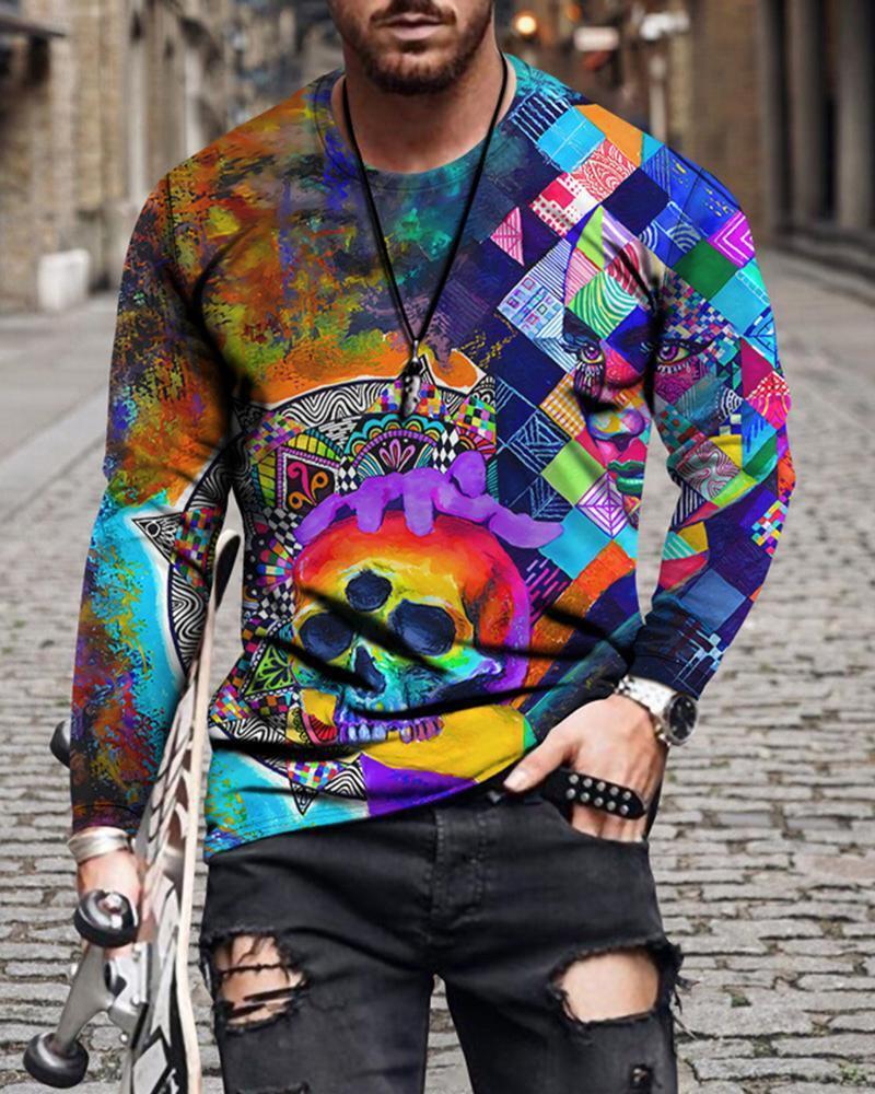 Men’s Geometric Print Long Sleeve T-Shirt – Slim Fit Casual Crew Neck Tee | Modern Graphic Shirts 1Color CJ Dropshipping Abstract Long Sleeve Tee