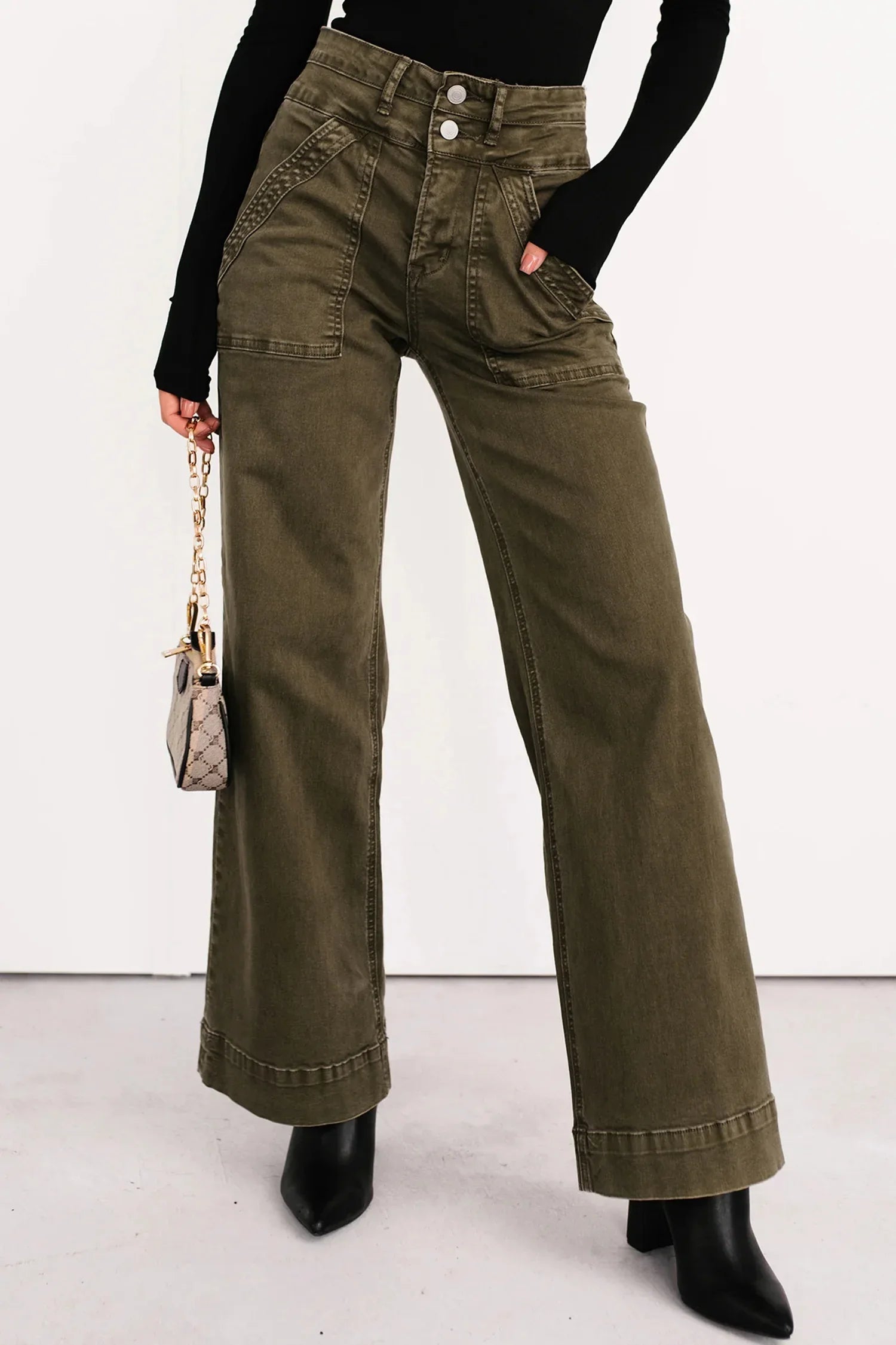 Army Green Double Waistband Loose Straight Jeans Army Green 98%Cotton+2%Elastane Bazarre Mart Bottoms/Jeans