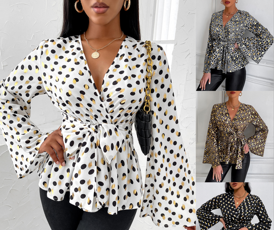 Wrap Around Chiffon V-Neck Polka Dot Blouse