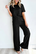 Black Solid Color T Shirt 2pcs Wide Leg Pants Set Black 65%Polyester+30%Viscose+5%Elastane Bazaare Mart Loungewear