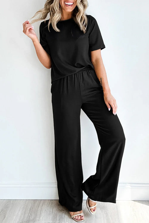Black Solid Color T Shirt 2pcs Wide Leg Pants Set Black 65%Polyester+30%Viscose+5%Elastane Bazaare Mart Loungewear