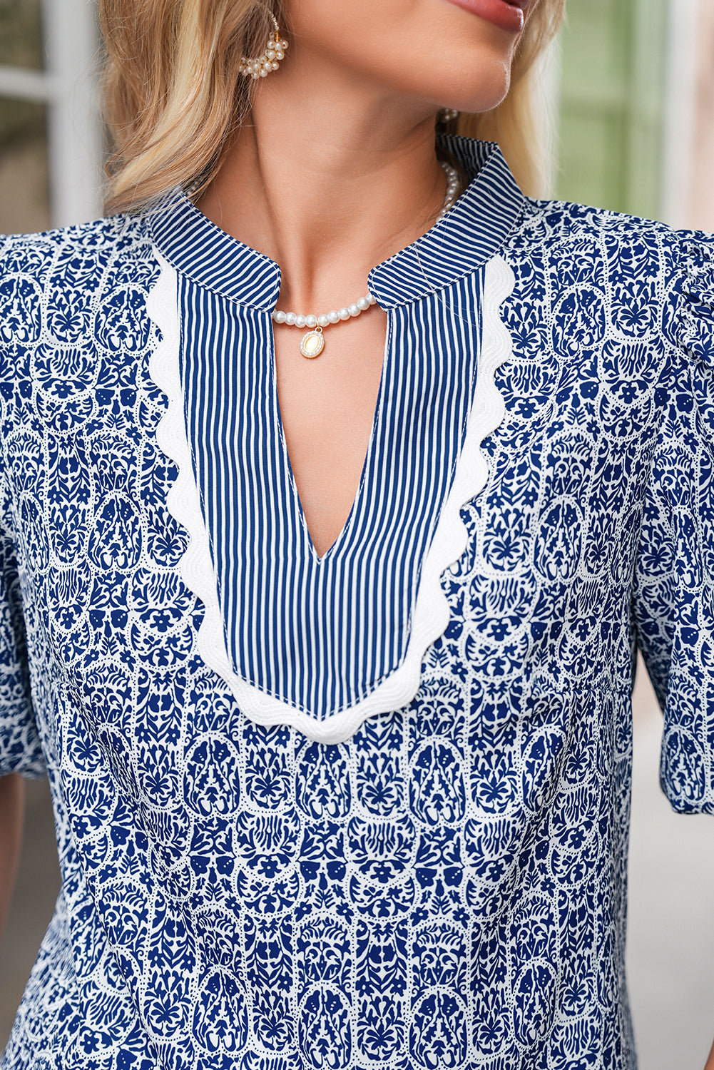 Blue Floral Ricrac V Neck Puff Sleeve Blouse Shewin Blouses