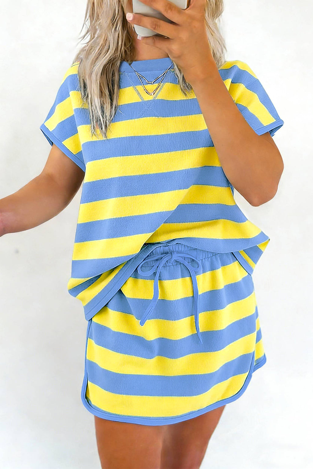 Striped Dolman Tee & Drawstring Skort Set – Women’s Athletic 2-Piece Outfit Dear-Lover Dropshipping Two Piece Sets/Short Sets