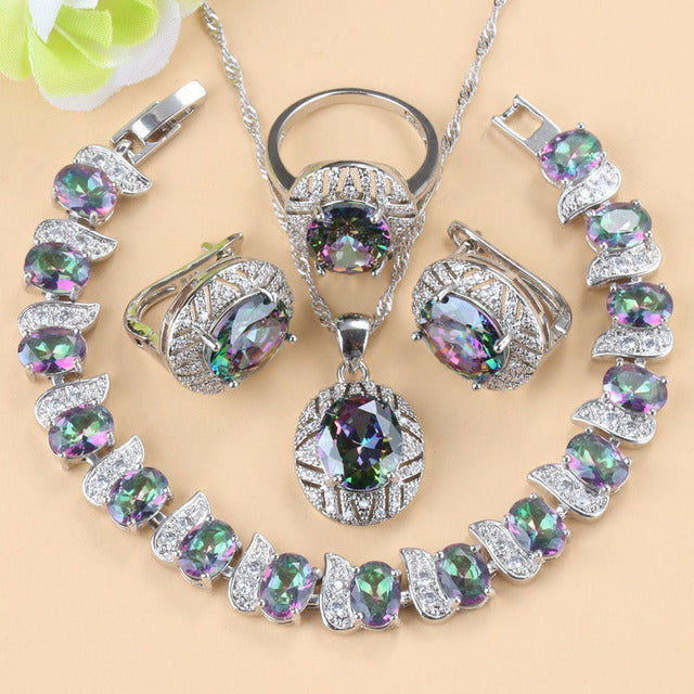 Gem-inlaid Pendant Earrings Necklace And Four-piece Ring Set Pack