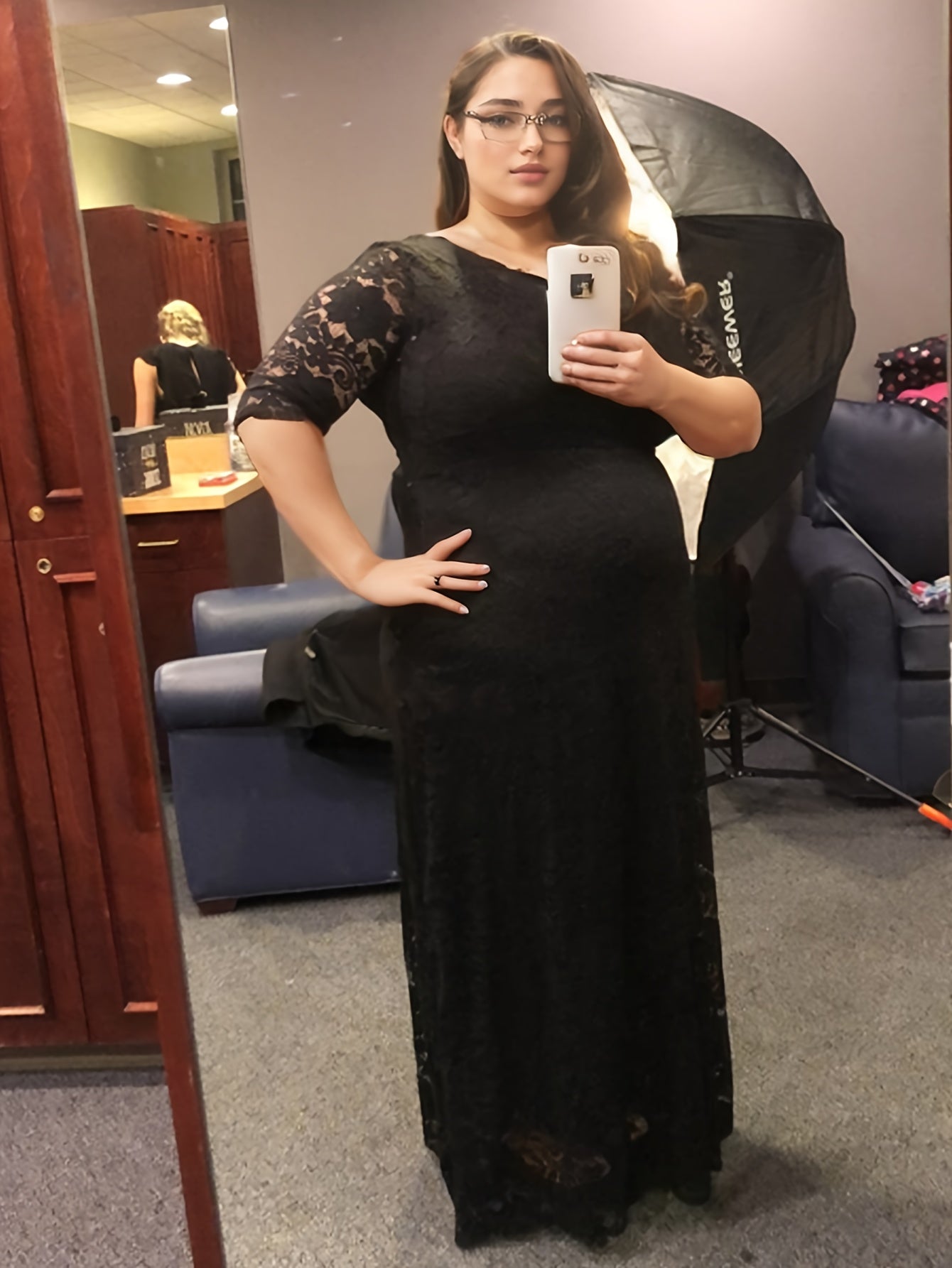 Plus Size O Neck Three Quarter Sleeve Lace Maxi Dress
