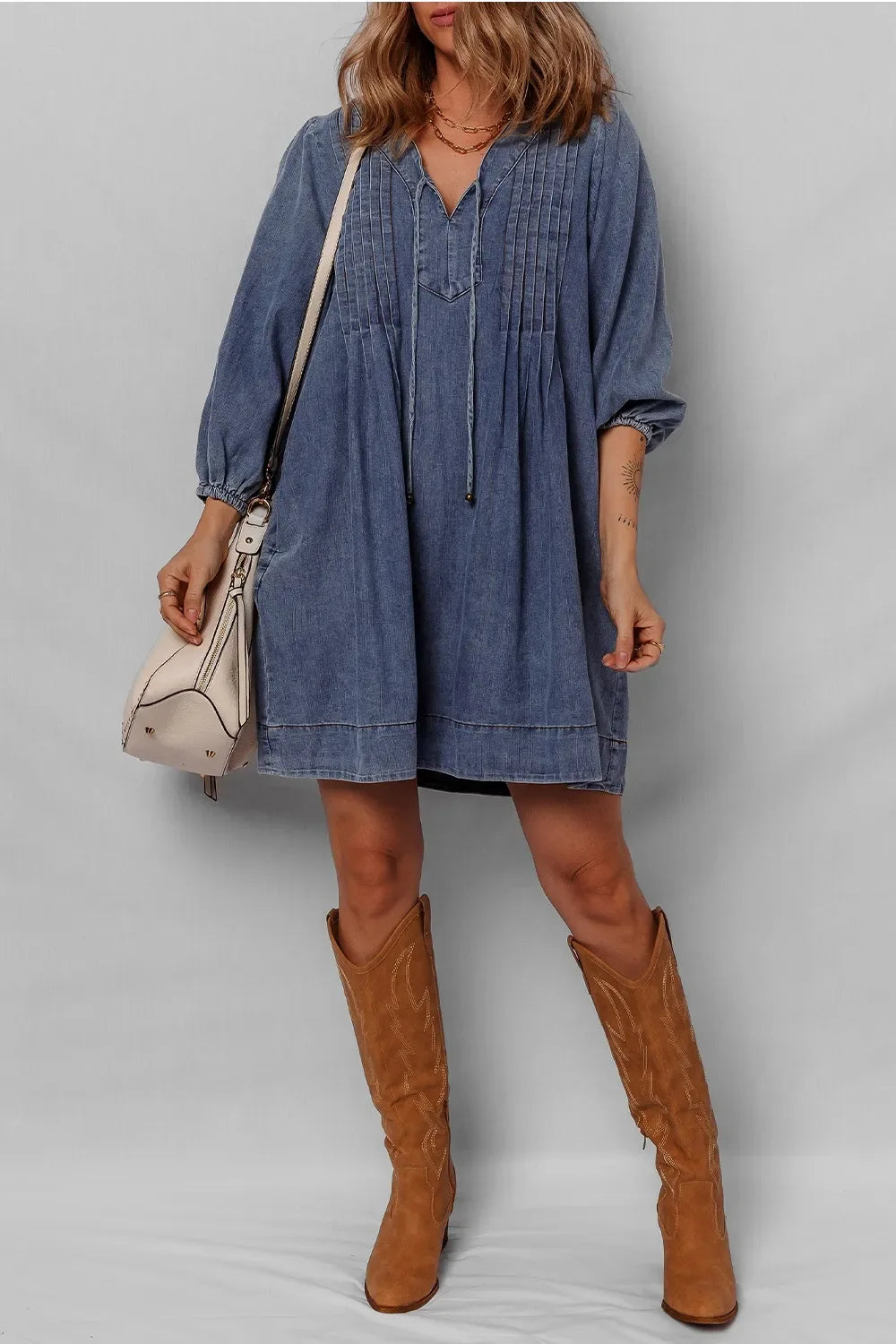 Tie Neck 3/4 Sleeve Mini Denim Dress Trendsi Denim Dress
