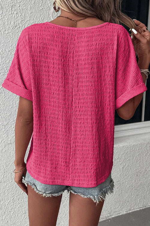 Bright Pink Textured Rolled Sleeve V Neck Tee Bazaare Mart Tops/Tops & Tees