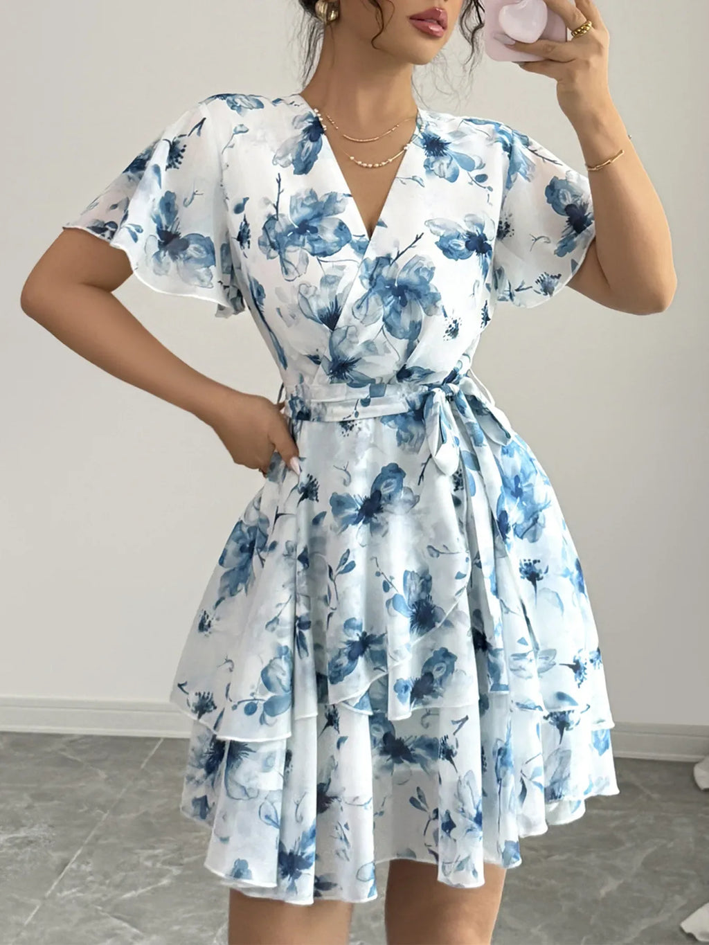 Printed Surplice Layered Mini Dress Blue Bazarre Mart Printed Surplice Layered Mini Dress
