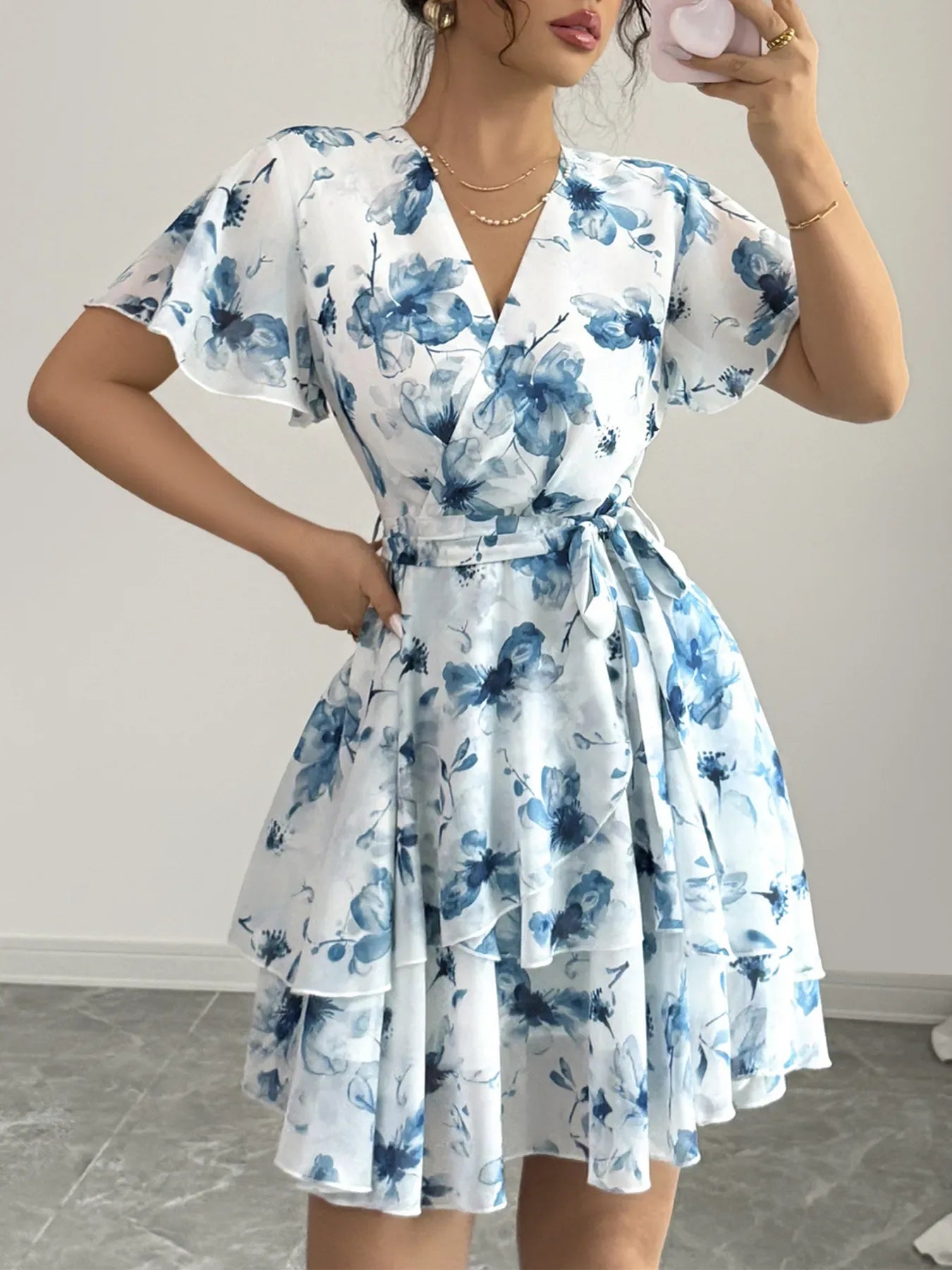 Printed Surplice Layered Mini Dress Blue Bazarre Mart Printed Surplice Layered Mini Dress