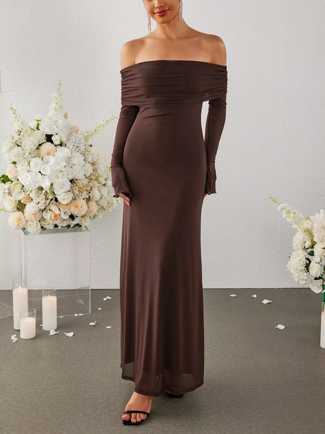 Off-Shoulder Ruched Long Sleeve Maxi Dress Trendsi Off-Shoulder Ruched Long Sleeve Maxi Dress