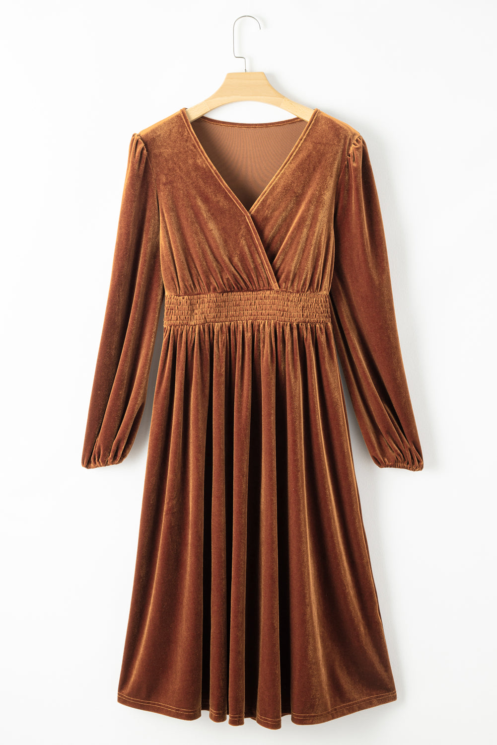 Camel Surplice V Neck Balloon Sleeve Velvet Dress