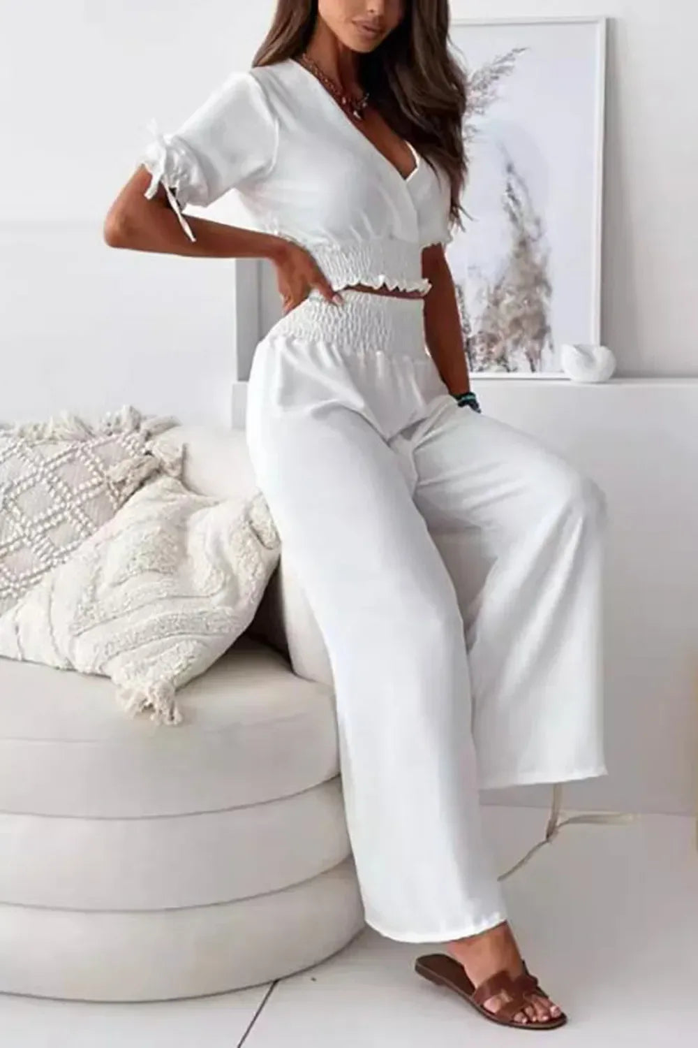 Surplice Short Sleeve Top and Pants Set White Bazarre Mart Outfit