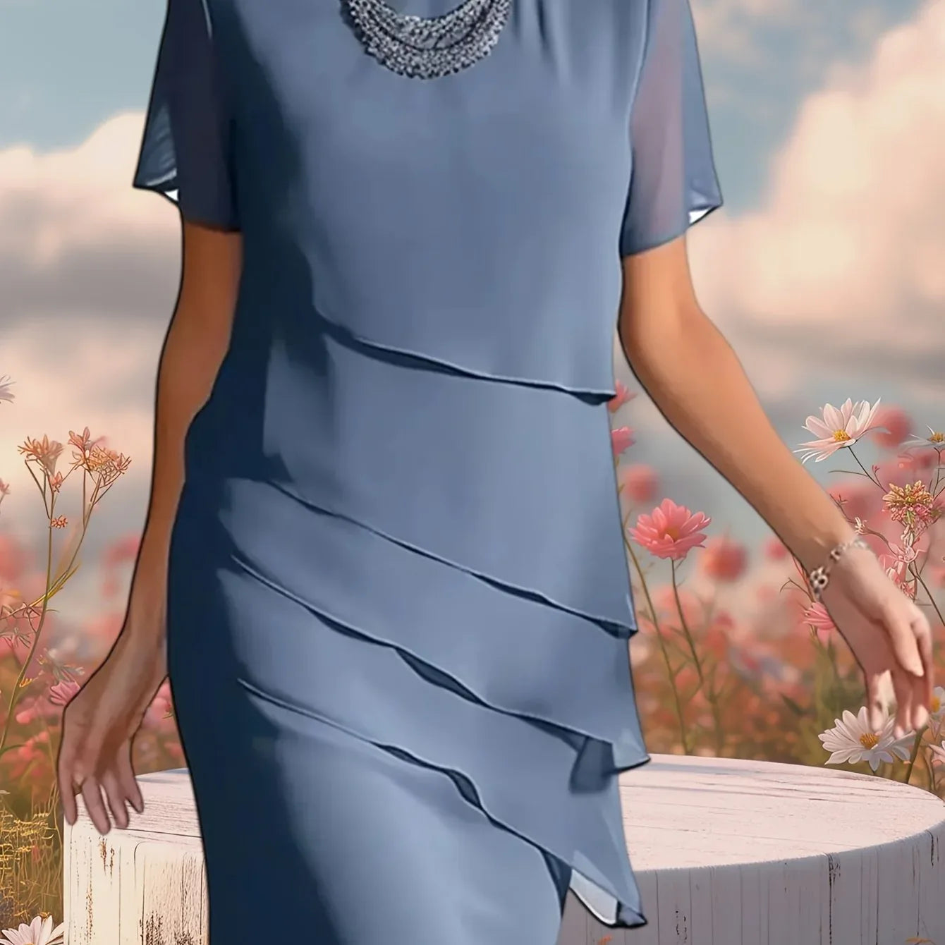 Round Neck Half Sleeve Layered Chiffon Dress Sky Blue Bazaare Mart Short Sleeve Dress